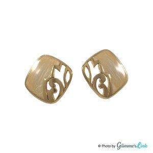 Vintage 80s Avon Scrollwork Cream Enamel Swirls Squared Gold Tone Earrings